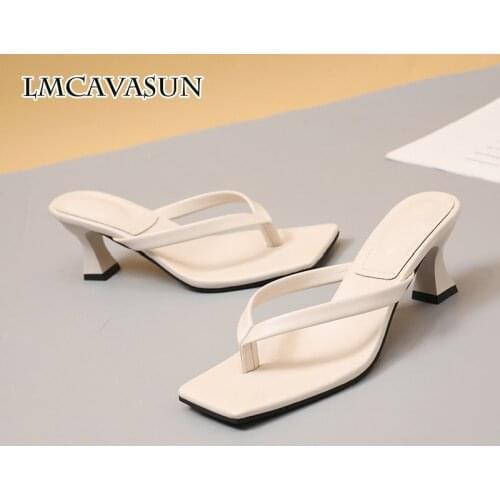 LMCAVASUN 2021 summer new pu flip flops mid-heel sandals square head kitten and flip-flops beach drag thick heel sandals and sli