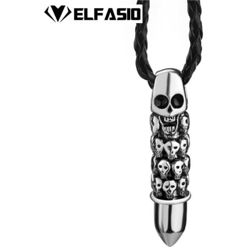 Mens Boys Skull Bullet Pewter Pendant with 24" Black Necklace Fashion Jewelry LP255