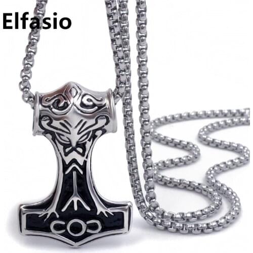 Mens Boys Pewter Pendant Necklace Silver Gold Myth Thors Hammer Norse Magick Mjolnir Stainless steel Chain P293silver