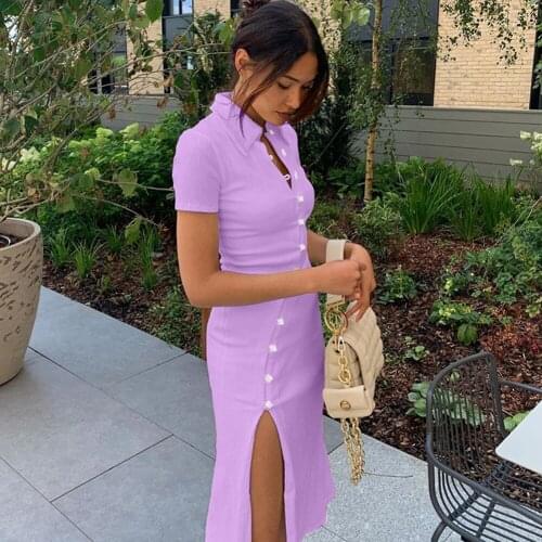 Ribbed Button Women Midi Dress Side Slit Turndown Collar Short Sleeve Bodycon Sexy Elegant Streetwear Autumn Winter Club