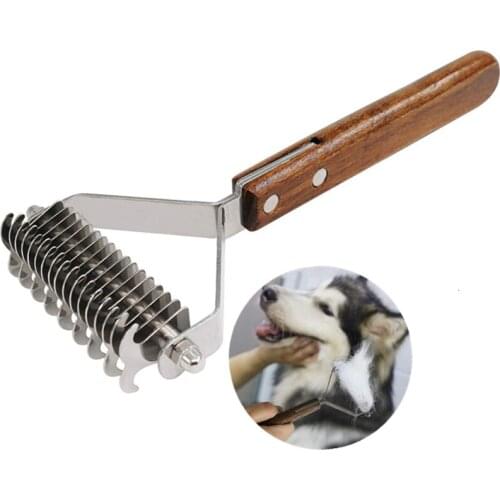Professional Dog Brush Dematting Gently Efficient Safe Pet Comb Rake Removes Undercoat Knots Wooden Handle Puppy Dog Grooming