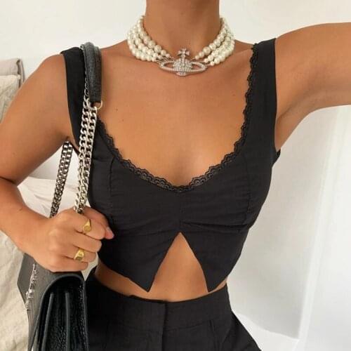 Chic Fashion Black Lace Trim V-neck Tank Top Sexy Women Sleeveless Hem Slit Slim Fit Cropped Vest Summer Streewear Outfits