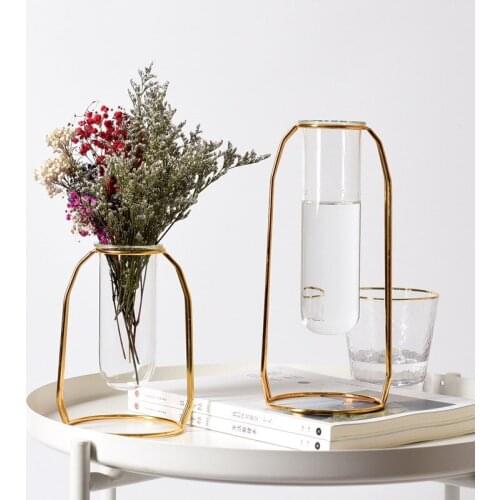 Glass Hydroponic Vases Nordic Rose Golden Flower Metal Stand Geometric Terrarium Crystal Vase for Wedding Decoration Accessories