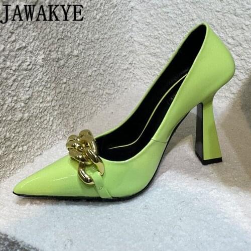 Sexy Pointy toe Slim High Heel Shoes Women Real Leather Gold Chain Design Stilettos Pumps Summer Brand Fashion week Dress Shoes
