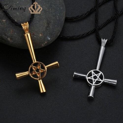 QIMING Punk Vintage Jesus Cross Necklace Women Pentagram Star Pendant Necklace For Men Lucifer Satan Male Amulet Jewelry