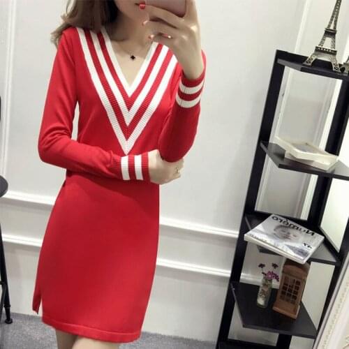 Women Classic Navy Style V-neck Sweater Skirt Autumn Winter Straight Cylinder Skirt Female Loose Stretch Knitte Bottoming Shirt