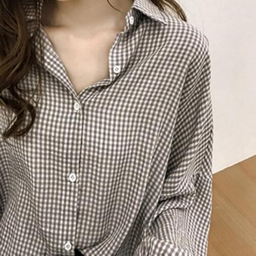 Women Plaid Check Blouse Spring V neck Lantern Sleeve Shirt Vintage Ruffles Tops Elegant Work Blusas Robe Femme Chemise