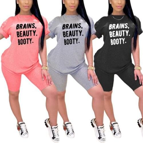 2021 New Women Casual 2-piece Outfit Set Female Short Sleeve Letter Print T-shirt and Solid Color Shorts Sportswear Exercise Set