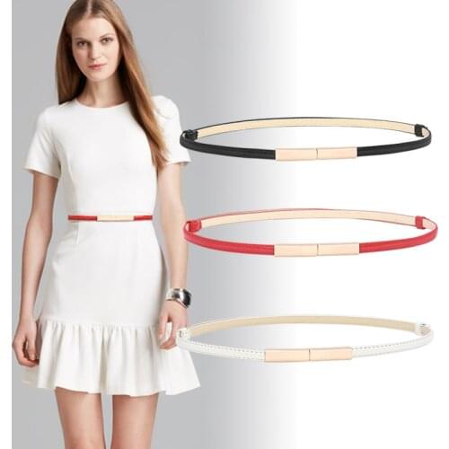 Women Belt Thin Skinny Metal Gold Elastic Buckle Waistband Simple Wild Lady Leather Waist Belt Dress Accessories