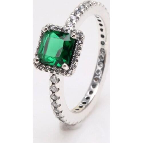 Authentic 925 Sterling Silver Green Square Zircon Ring For Women Fashion Original Jewelry Gift