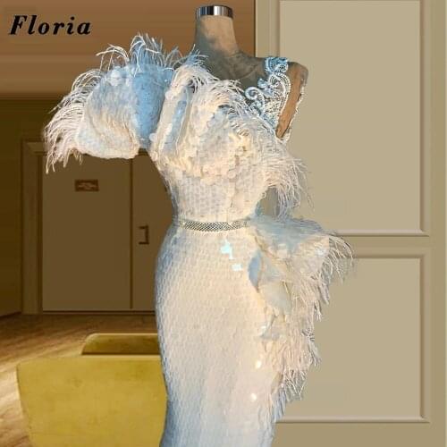 Dubai Design Elegant Beading Evening Dresses Middle East Sequins Feathers Party Gowns 2021 Robes Plus Size Long Prom Dresses