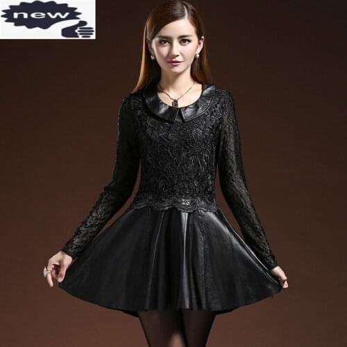 Brand New Spring Sexy Black Crochet Lace Dress Genuine Leather Pleated Mini Dresses Office Party Ladies Formal Vestidos