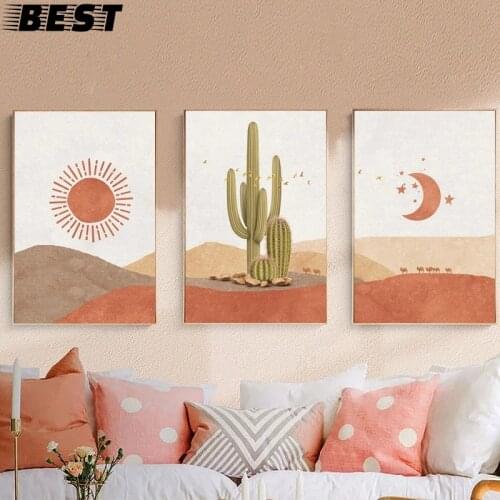 Abstract Landscape Sun and Moon Scene Boho Canvas Prints Cactus Wall Art Nordic Desert Wall Picture for Living Room Home Decor