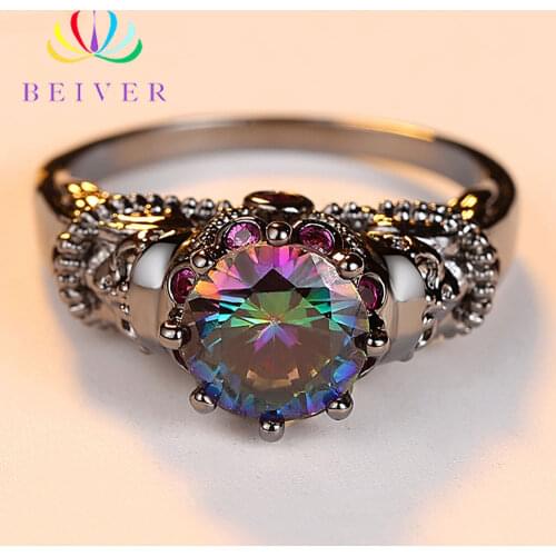Beiver Cool Skull Rings for Women Black Gold Color Wedding Bands Rings 2 Colors Round Zircon Party Jewelry