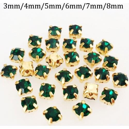 Free shipping!! Dark green color glass sew on rhinestones gold claw base strass