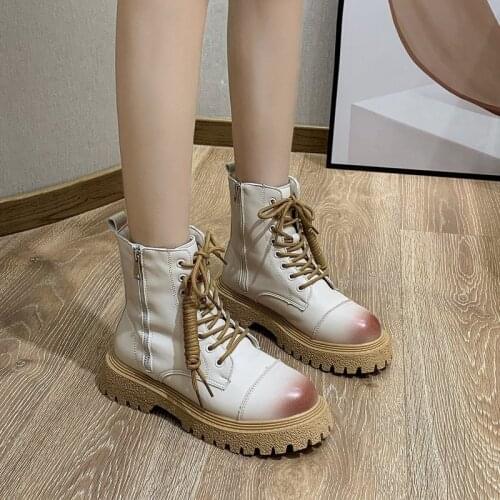 Nice White Platform Thick Bottom Ankle Boots For Women Anterior Lace Up Shoes Spring Autumn Side Zipper British Style Footwear