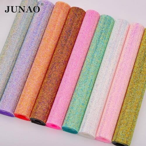 JUNAO SS6 Hotfix Colorful AB Rhinestone Mesh Fabric Diamond Strass Ribbon Resin Applique For DIY Decoration