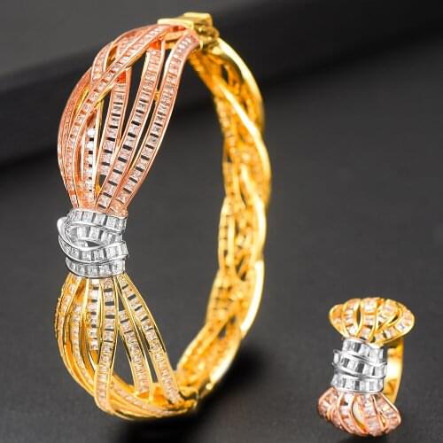 Kellybola Dubai Gorgeous Finely Noble Bow Bangle Ring Sets for Women Wedding Bridal Bangle Ring Sets Aretes de Mujer Modernos