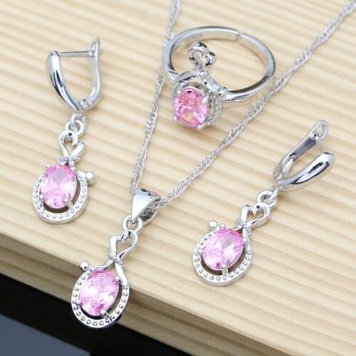 Wedding Party Birthday Gift Jewelry Sets for Women Pink Natural Topaz 925 Silver Earrings Necklace Resizable Ring Jewelry
