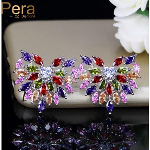 Pera Fashion Female Ear Silver Color Party Jewelry Big Colorful Cubic Zirconia Stone Pave Setting Stud Earrings For Ladies E302