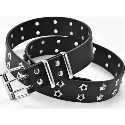 New Version Hollow Punk Casual Womens Belt Fashion Star-studded Decorative Porous Adjustment Double Row Metal Buckle Belt Women