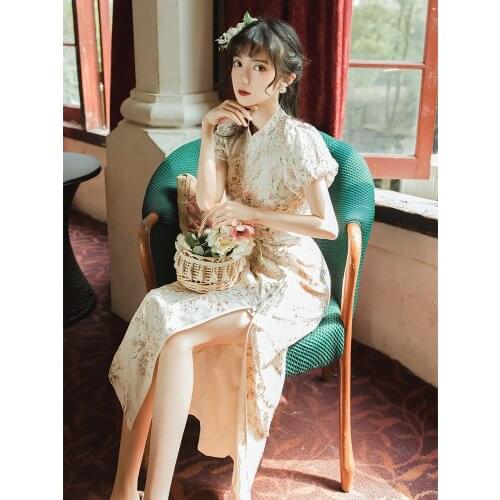 2020 Summer New retro national style improved Cheongsam style split dress Elegant embroidered floral dress