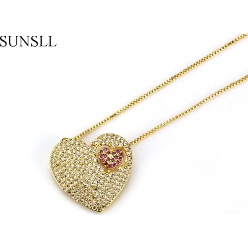 SUNSLL Gold Color Copper Multicolor Cubic Zirconia Two Love Heart Pendant Necklaces Womens Fashion Jewelry CZ Colar Feminina