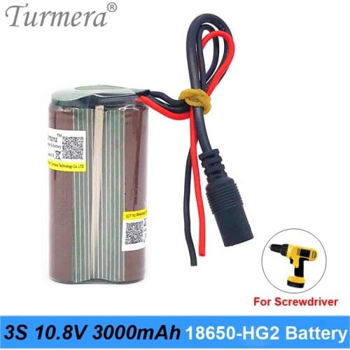 Turmera 3S1P 10.8V 12.6V 3000mAh Rechargeable Lithium Battery 18650 HG2 Battery with 30A BMS for 12V Screwdriver and Massage Gun