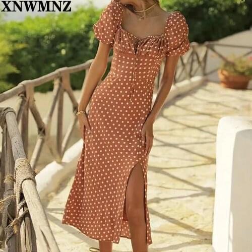 NWMNZ 2021 Fashion Short Sleeve Women Midi Dress Holiday White Dot Print Orange Vestido Vintage Side Split Dresses Casual Robe
