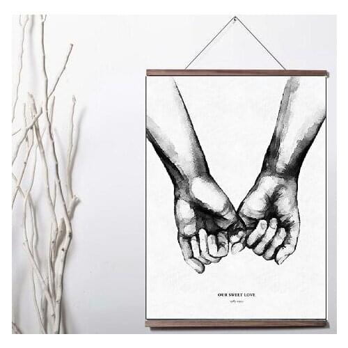 Nordic Black And White Lover Holding Hands Art Canvas print poster decoration painting solid wood hanging scroll