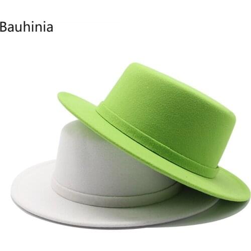 Bauhinia Spring Autumn Imitation Woolen Wide Brim Flat Top Hat Classic Solid Color Fedora Hats For Women Men Simple Panama Cap