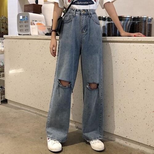 Vintage Ripped Straight Jeans for Women Hole Jean Female Denim Pencil Pants Streetwear Boyfriend Loose Wide-leg Jeans Pants
