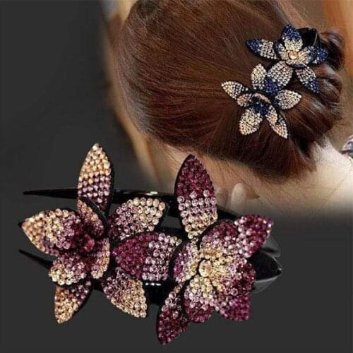 Rhinestone Double Flower Hair Clip Rhinestone Hairpin Women Hair Clips Female Elegant Duckbill Clip Beads Hairgrip Fashion Hair