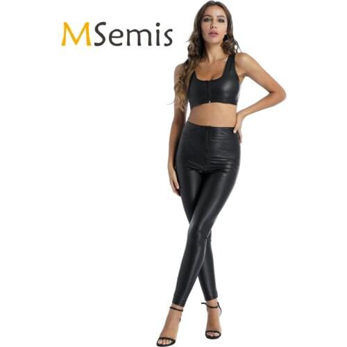 Womens Lingerie Patent Leather Sexy Clubwear Rave Outfit Scoop Neck Cropped Tank Top with Zipper Crotch High Waist Skinny Pants