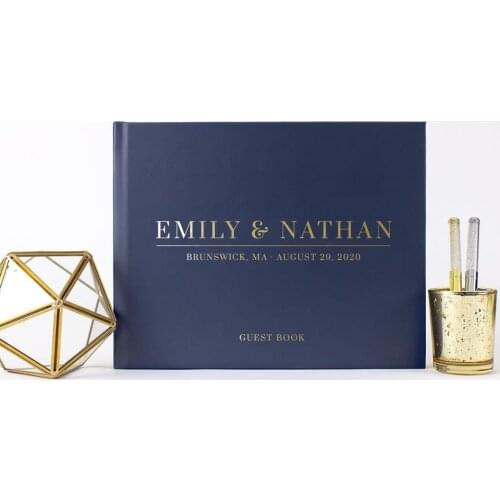 Customize Rustic Gold Foil Navy Wedding Guestbook, navy Wedding Landscape Guest Book journals photo booth albums books