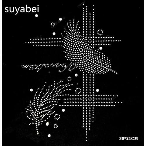 2pc/lot Feather sticker design stones iron on patches hot fix rhinestone applique DIY logo strass iron sticker