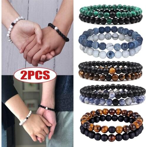 2Pcs Couples Distance Bracelet Classic Natural Stone White and Black Yin Yang Yoga Beaded Bracelets for Men Women Best Friend
