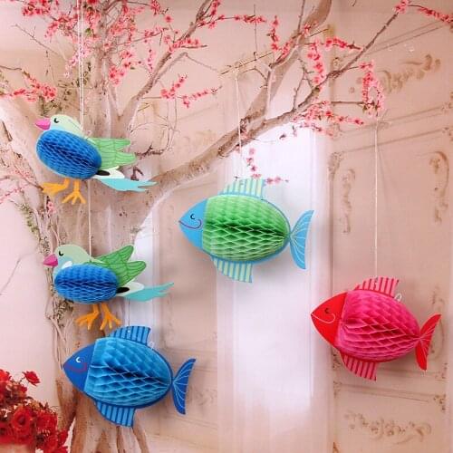 3D Fish Honeycomb Ball Paper Flower Lantern Ball Pompom for Birthday Baby Shower Festive Event Party Supplies Decorations