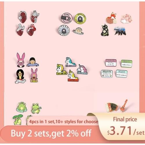 4pcs/set Enaml Pin Collection Funny Quote Musical Instrument Dog Paw TV Character Cartoon Brooches Badges Collar Lapel Pins Gift