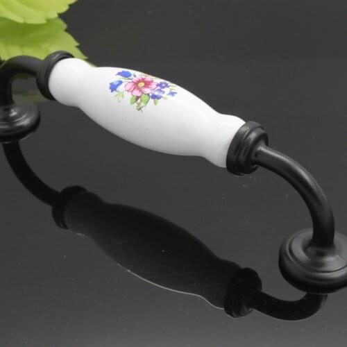 4PCS 128mm Rural Ceramic Door Handle & Knob Blue Flower European Cabinet Drawer Cupboard Kitchen Pull knobs Furniture Handle