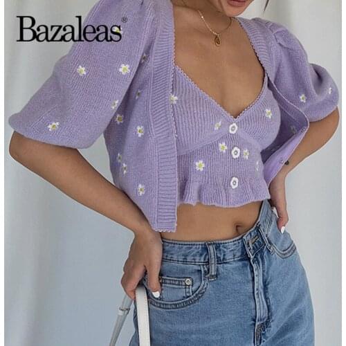 Bazaleas 2022 Purple Vintage Flora Embroider Cardigan Chic Women Sweater Casual Knitted Tops