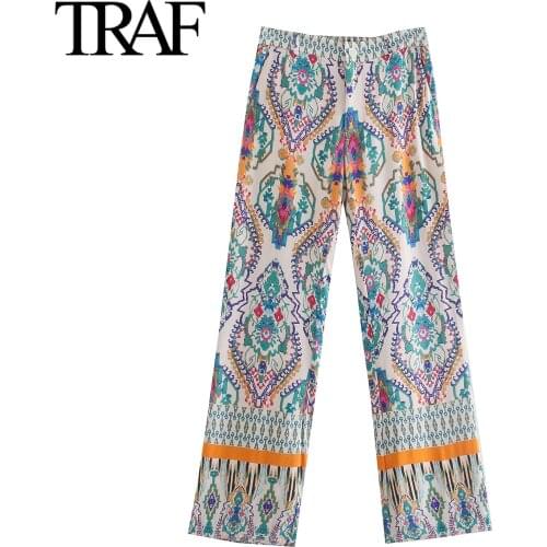 Traf Za Streetwear Women Back Stretch High Waist Wide Leg Pants Boho Print Pants Fashion Retro Side Pocket Casual Pants Mujer
