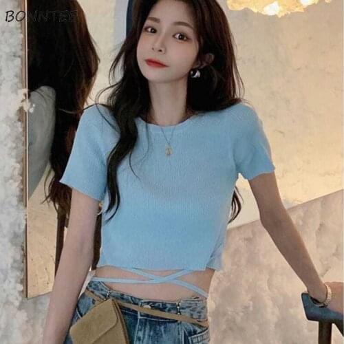 T-shirts Women Solid Fashion Bandage All-match Leisure Slim O-neck Korean Style Summer Stretchy Female Crop Tops Temperament New