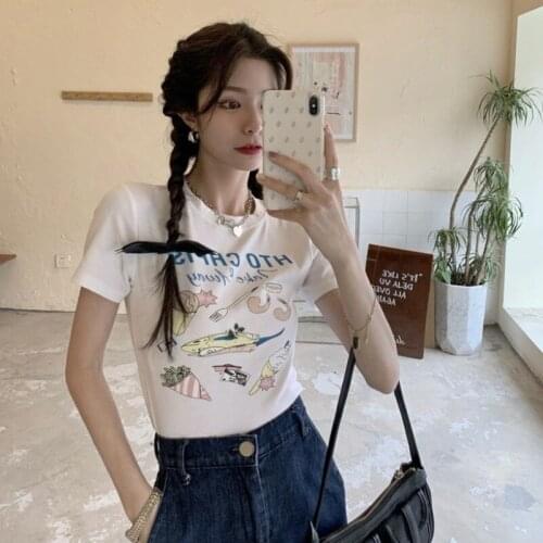 Top Fun Cartoon Letter Printing Short-sleeved T-shirt Women Summer Short Loose Black T-shirt