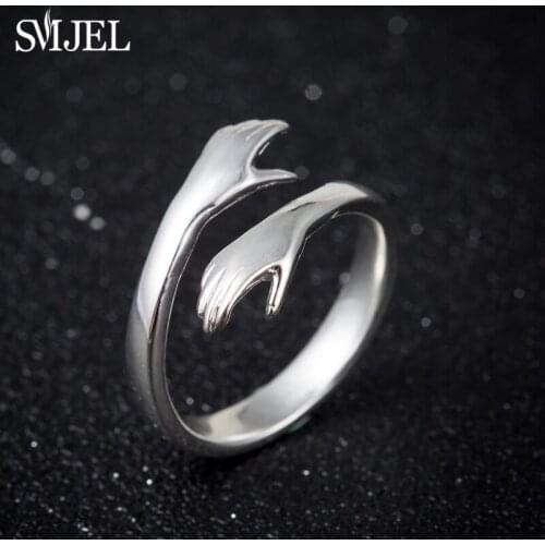 SMJEL Polished Creative Hands Embrace Open Rings For Women Hugging Hand Band Jewelry Romantic Couple Ring Bijoux Gift SYJZ123