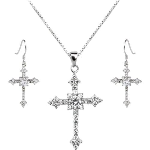 925 Silver Cross Jewelry Set Drop Earrings Pendant Necklace Set Luxury Hook Clear 18-inch Box Link Chain SET009