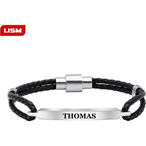 Multi Layer Leather Bracelets for Men Women Customizable Engraving Stainless Steel Casual Personalized Bangle