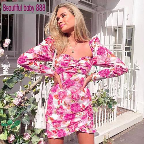 Meqeiss 2020 new long sleeve floral print ruched ruffles mini dress autumn winter women party Sexy cute outfits streetwear