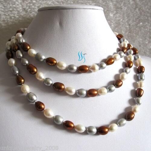 50" 7-9mm White Gray Coffee Rice Freshwater Pearl Necklace Pearl Strand