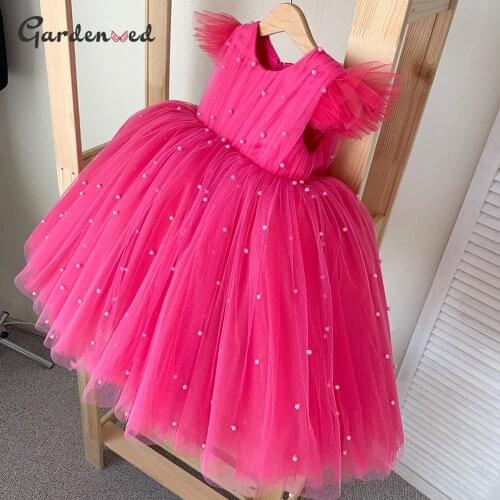 Gardenwed Puffy Pearls Girl Birthday Dress A Line Cap Sleeves Flower Girl Dresses Lovely Cute Girl Wedding Party Dress 2020